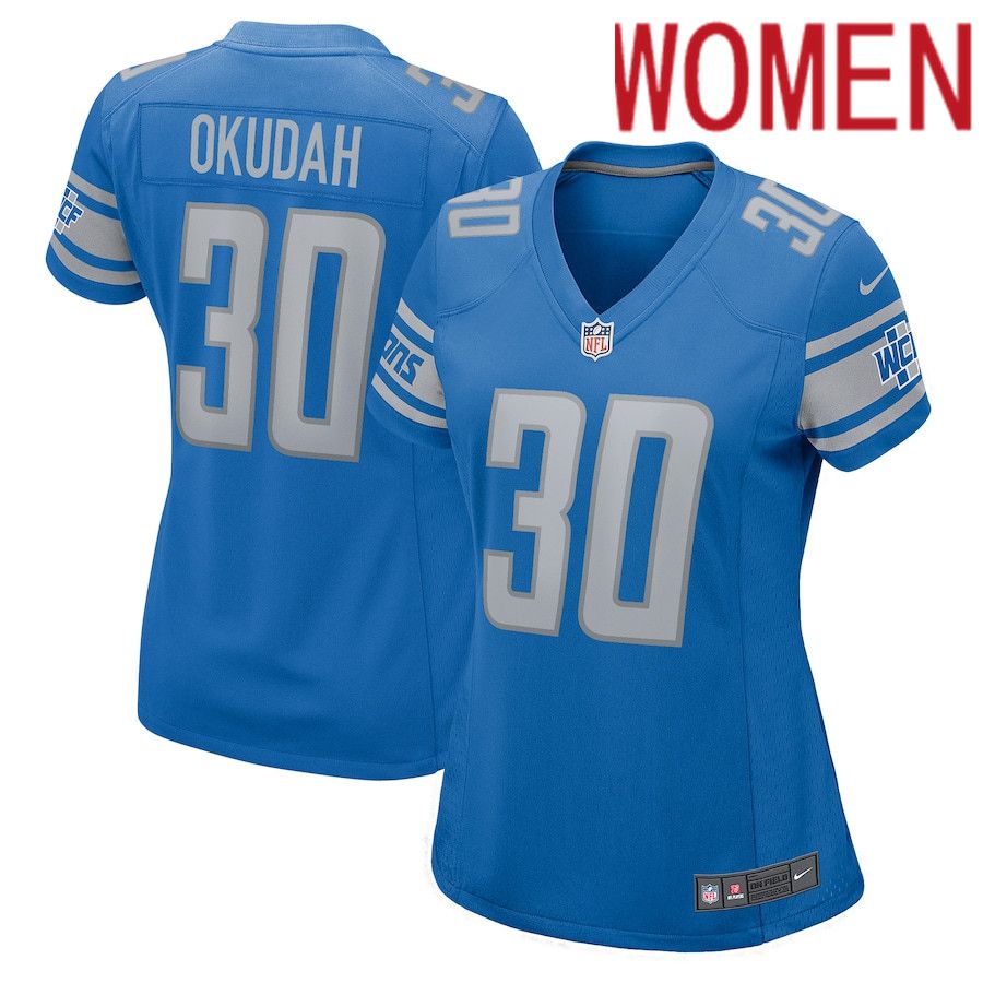 Women Detroit Lions 30 Jeff Okudah Nike Blue Team Player Game NFL Jersey